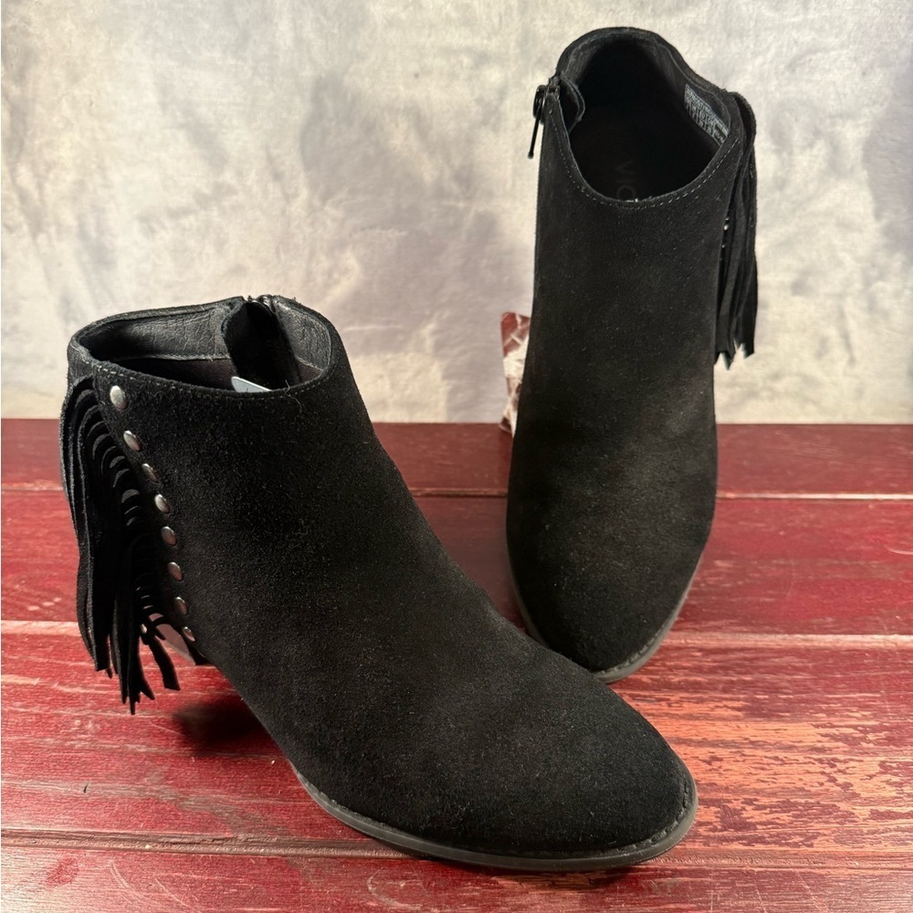 Vionic Faros Black Suede Ankle Boots with Fringe and Studded Size 8